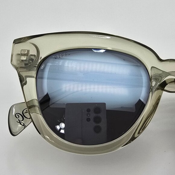 Diff Eyewear Jagger Crystal Olive Frame Silver Mirror Lens Cat Eye Sunglasses - Picture 13 of 15